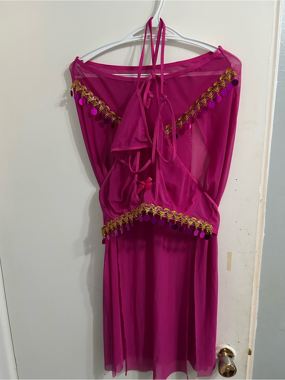 Fuchsia Sheer Halter Dress with Gold Sequin Trim